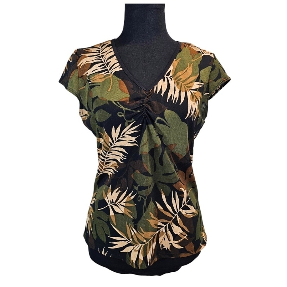 Vintage 90s Y2K Fashion Bug Tropical Print V-Neck Top Medium Black Lightweight